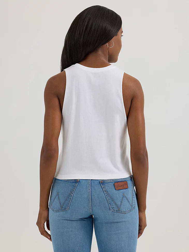 Wrangler festival crop graphic tank - white block logo