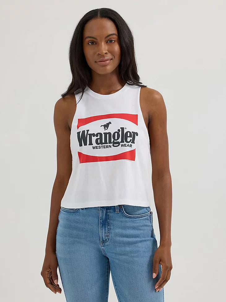 Wrangler festival crop graphic tank - white block logo