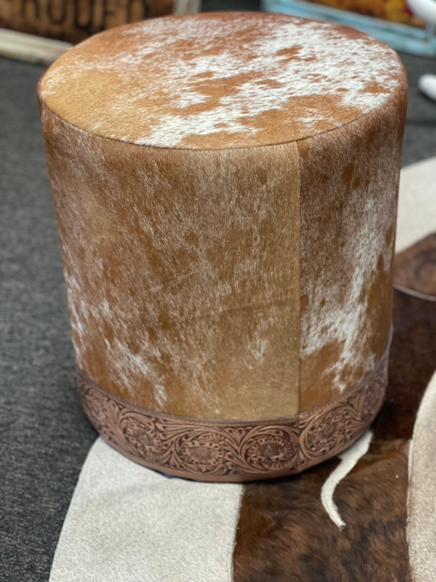 Genuine Cowhide Round Pouf Ottomon Footstool w/ Leather Tooling