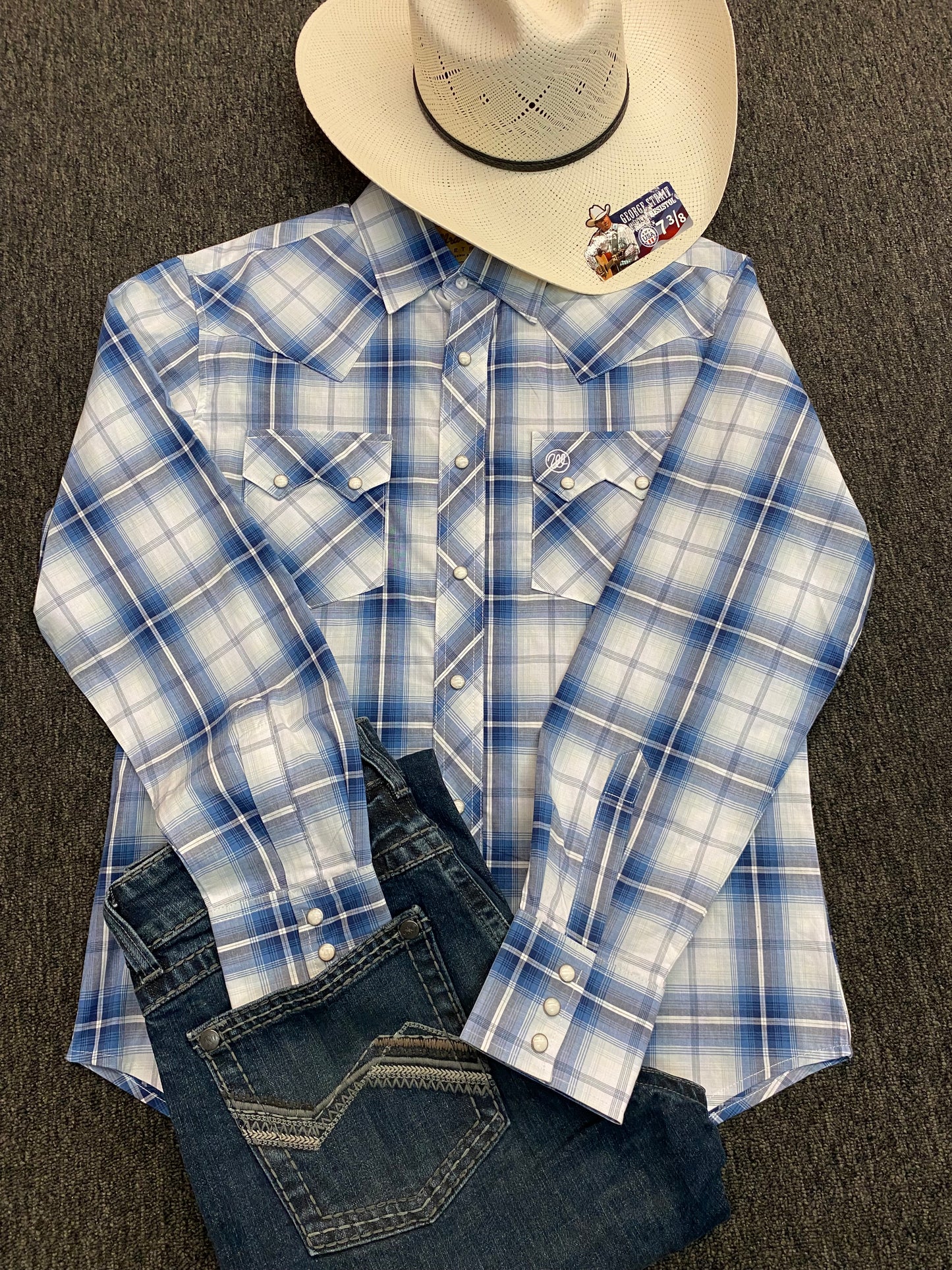 Wrangler Blue Plaid Pearl Snap Button Down