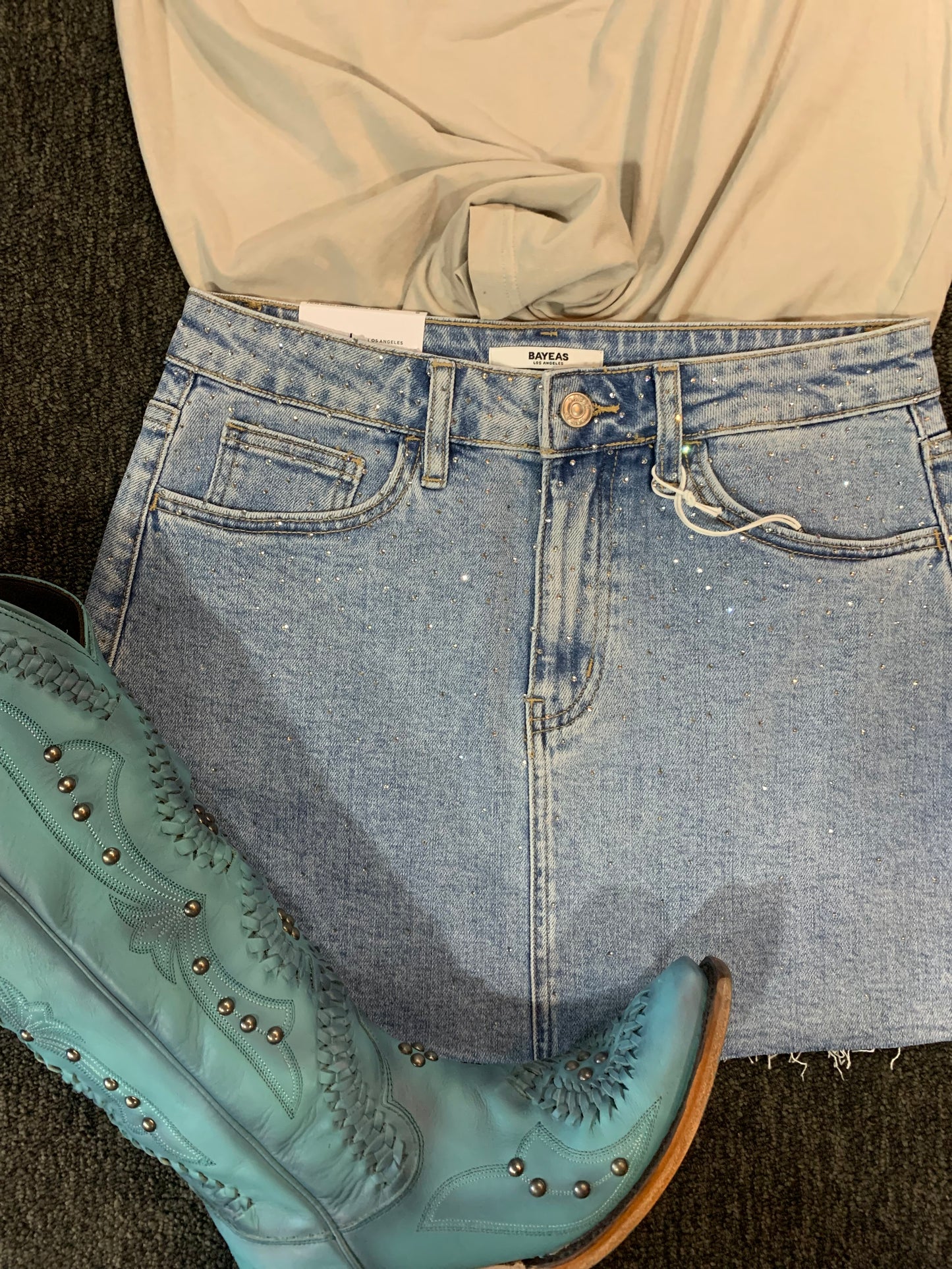 Bayeas Mid Rise Rhinestones denim skirt