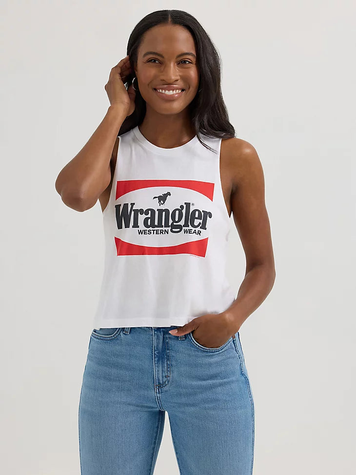 Wrangler festival crop graphic tank - white block logo