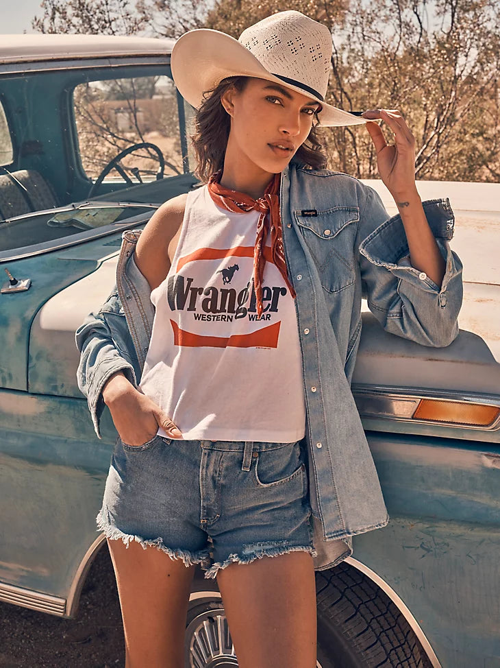 Wrangler festival crop graphic tank - white block logo