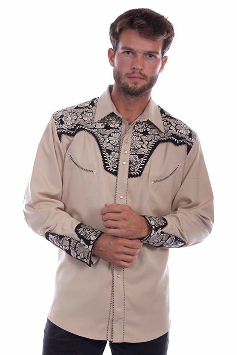 Scully Tan & Black Floral Tooled Embroidery Pearl Snap Shirt