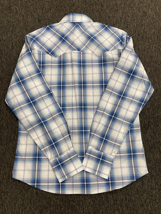Wrangler Blue Plaid Pearl Snap Button Down