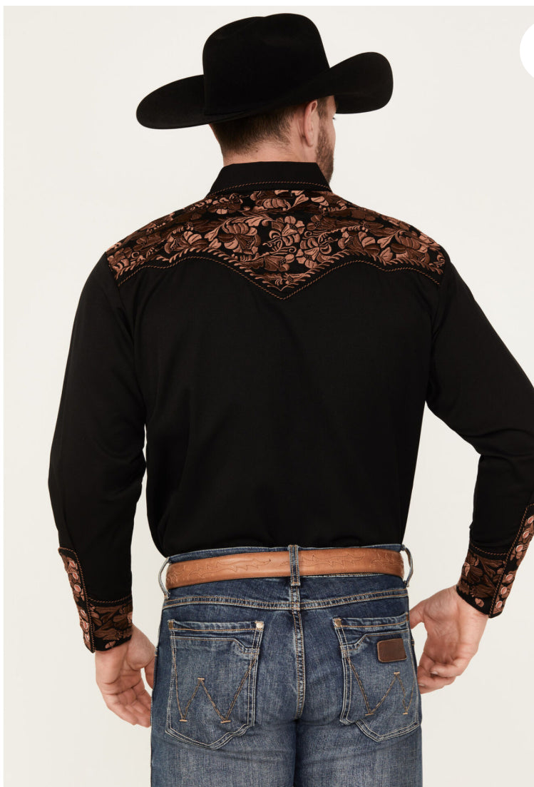 Black and Copper Scully Pearl Snap Button Down