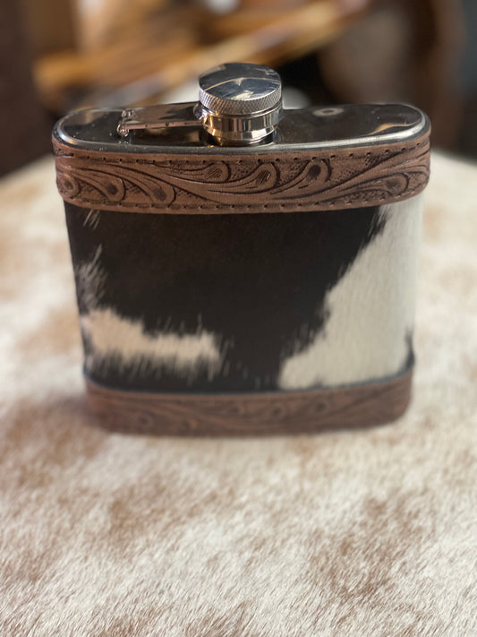 Black & White Cowhide with Tooled Leather Flask