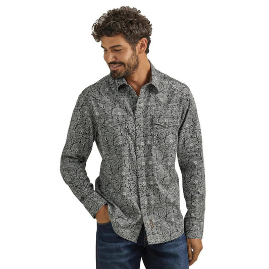 Wrangler Men's Retro Paisley Collared Long Sleeve Pearl Snap Shirt - Navy & White