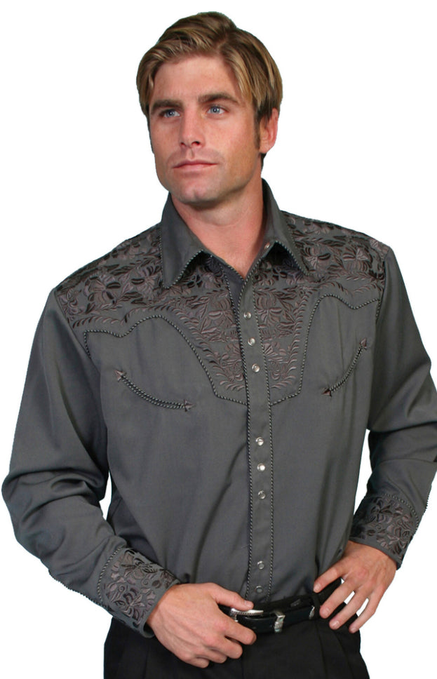 Scully floral embroidery pearl snap - gray/gray