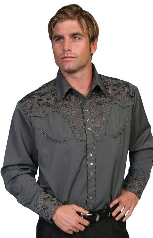 Scully floral embroidery pearl snap - gray/gray