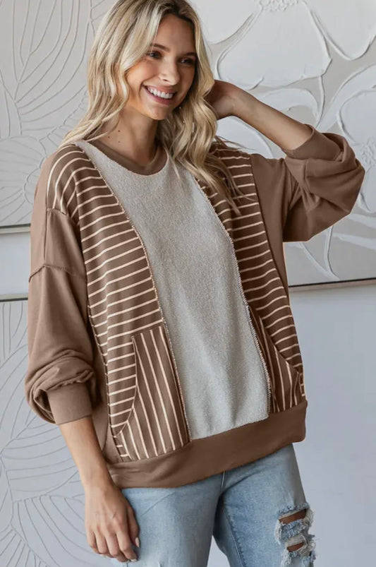 Striped pocketed top - mocha