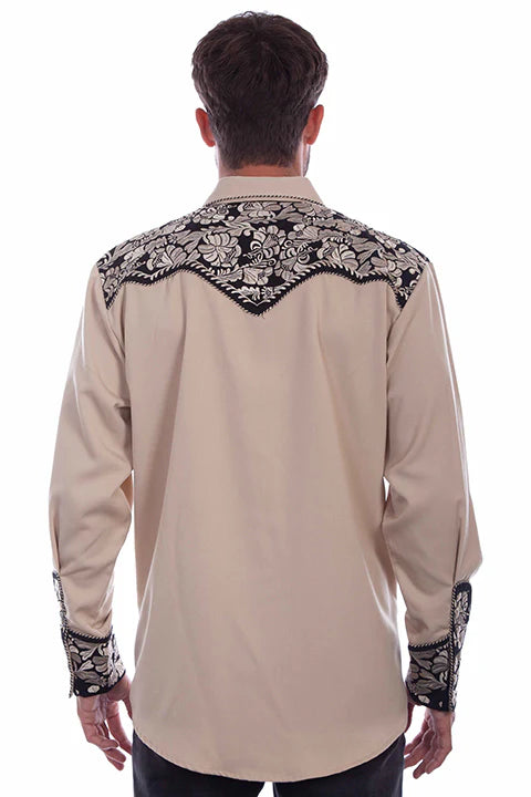 Scully Tan & Black Floral Tooled Embroidery Pearl Snap Shirt
