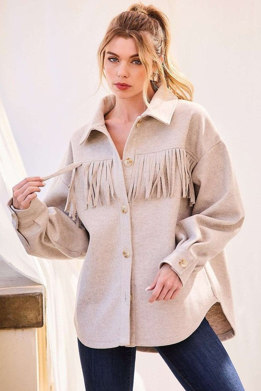 Dana fringe shacket - oatmeal