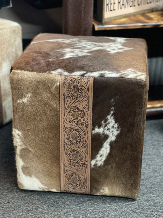 Cowhide Ottoman Brown and White w/ Leather Tooling