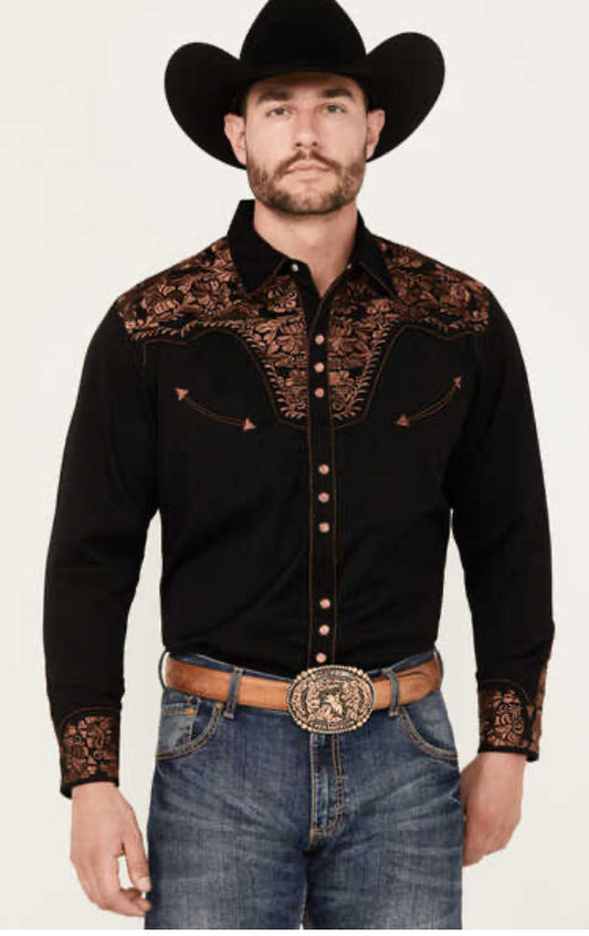 Scully floral embroidery pearl snap - bronze/black