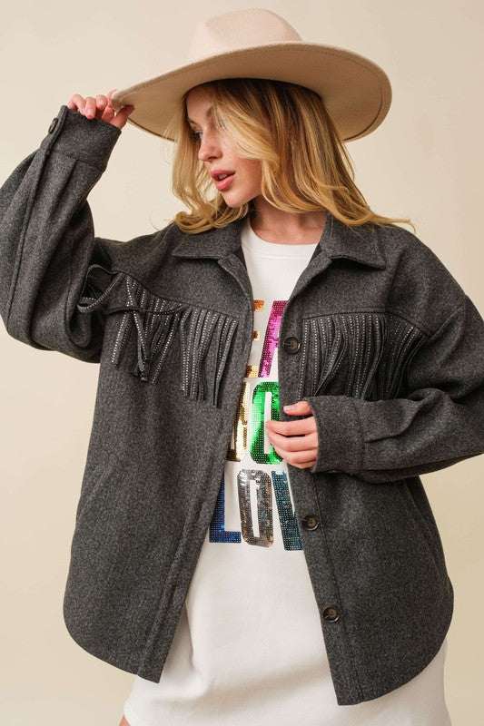 Dana fringe shacket - charcoal