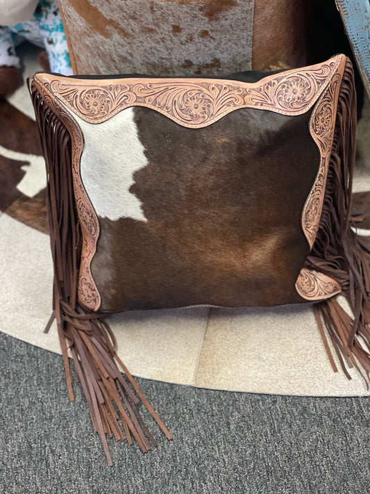 20” x 20” Cowhide & Tooled Leather with Fringe Pillows