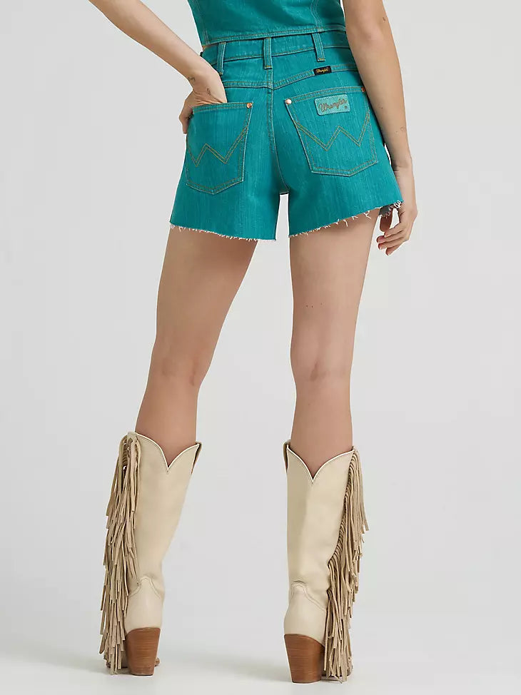 Lainey Wilson x Wrangler Turquoise denim shorts