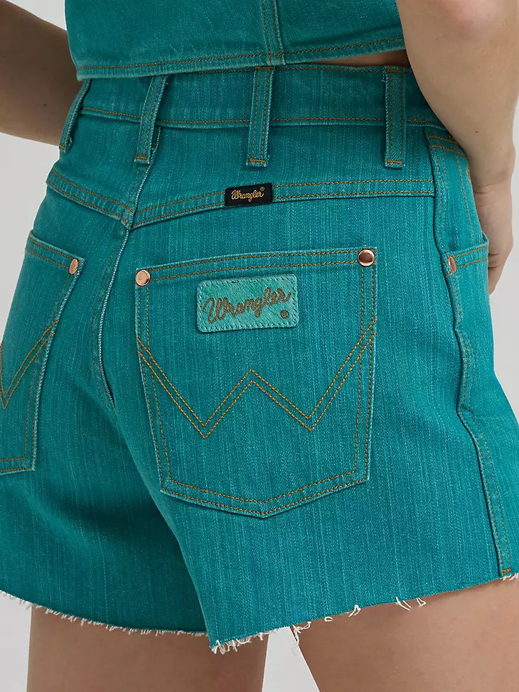 Lainey Wilson x Wrangler Turquoise denim shorts